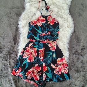 Tropical Halter Romper Shorts Open Back Tie S